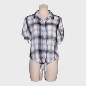Mossimo Blue Plaid Ruffle Sleeve Tie Front Button Up Shirt Soft Rayon